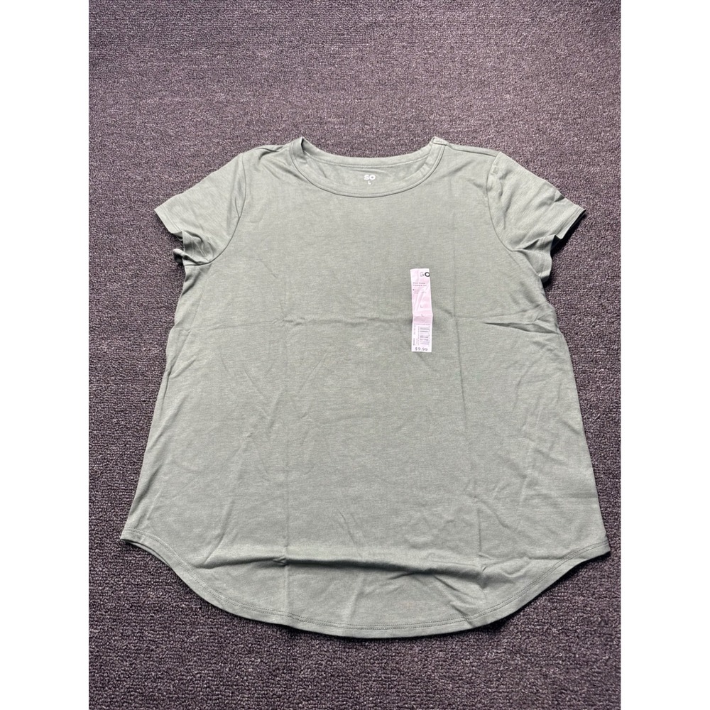 SO T-Shirt Womens L Crewneck Sage Green Short Sleeve Curved Hem NEW